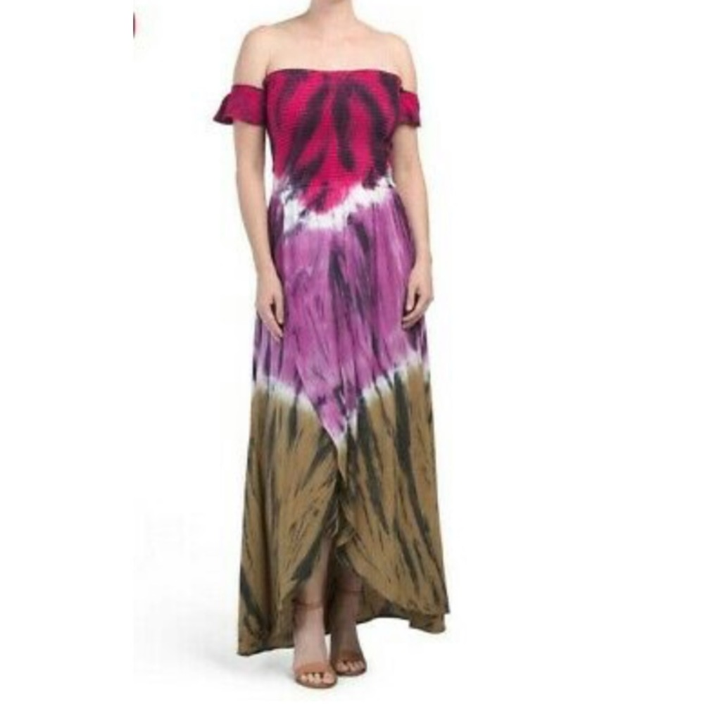Off-Shoulder Tie-Dye Maxi Dress in Fuchsia, Purple & Brown